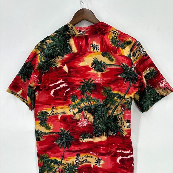 YMLA Shirt Mens Button Down Short Sleeve Hawaiian Caribbean Palms Red Green S - Picture 3 of 11